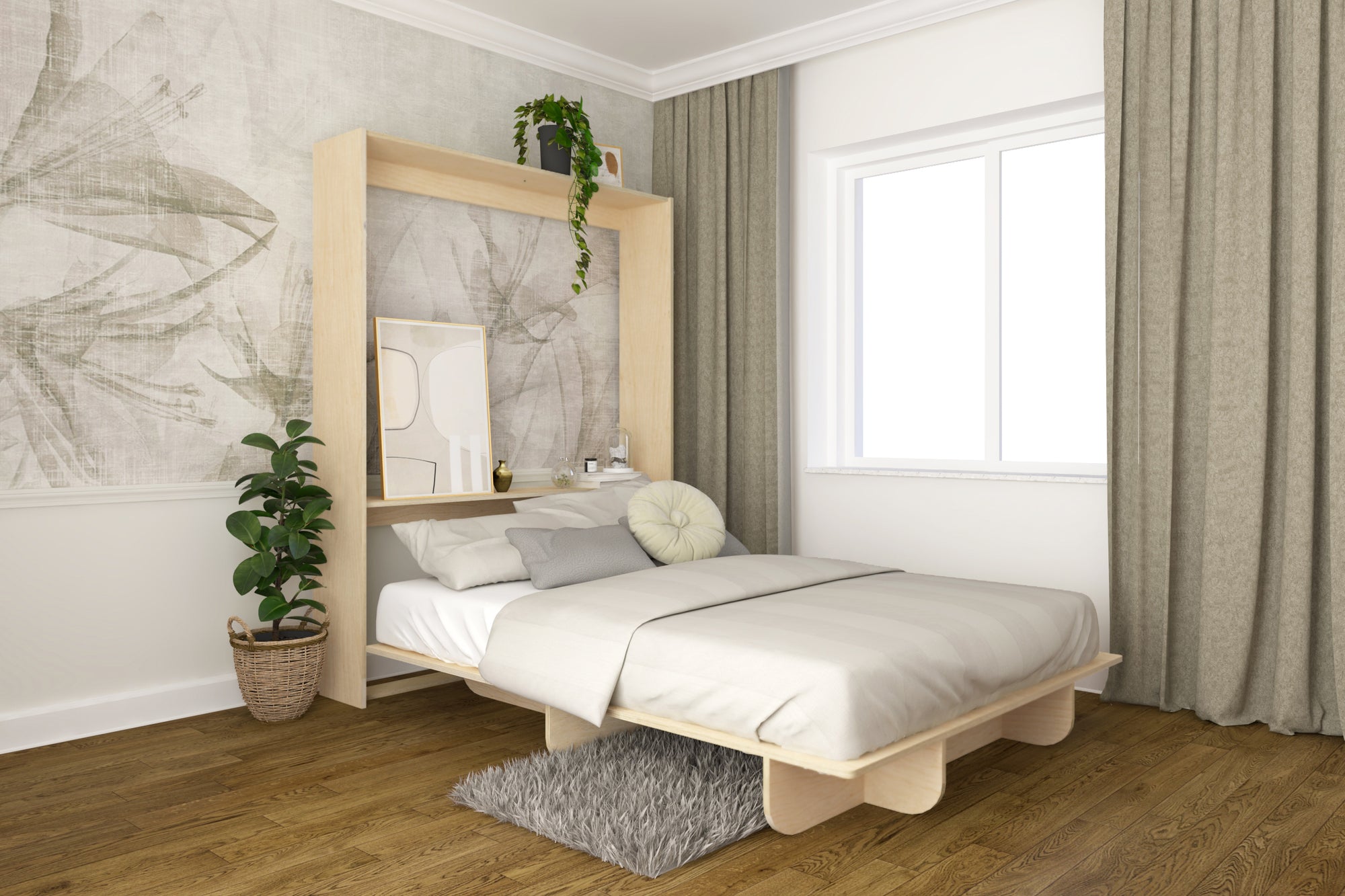 Queen vertical murphy bed with neutral bedsheets surrounded by plants